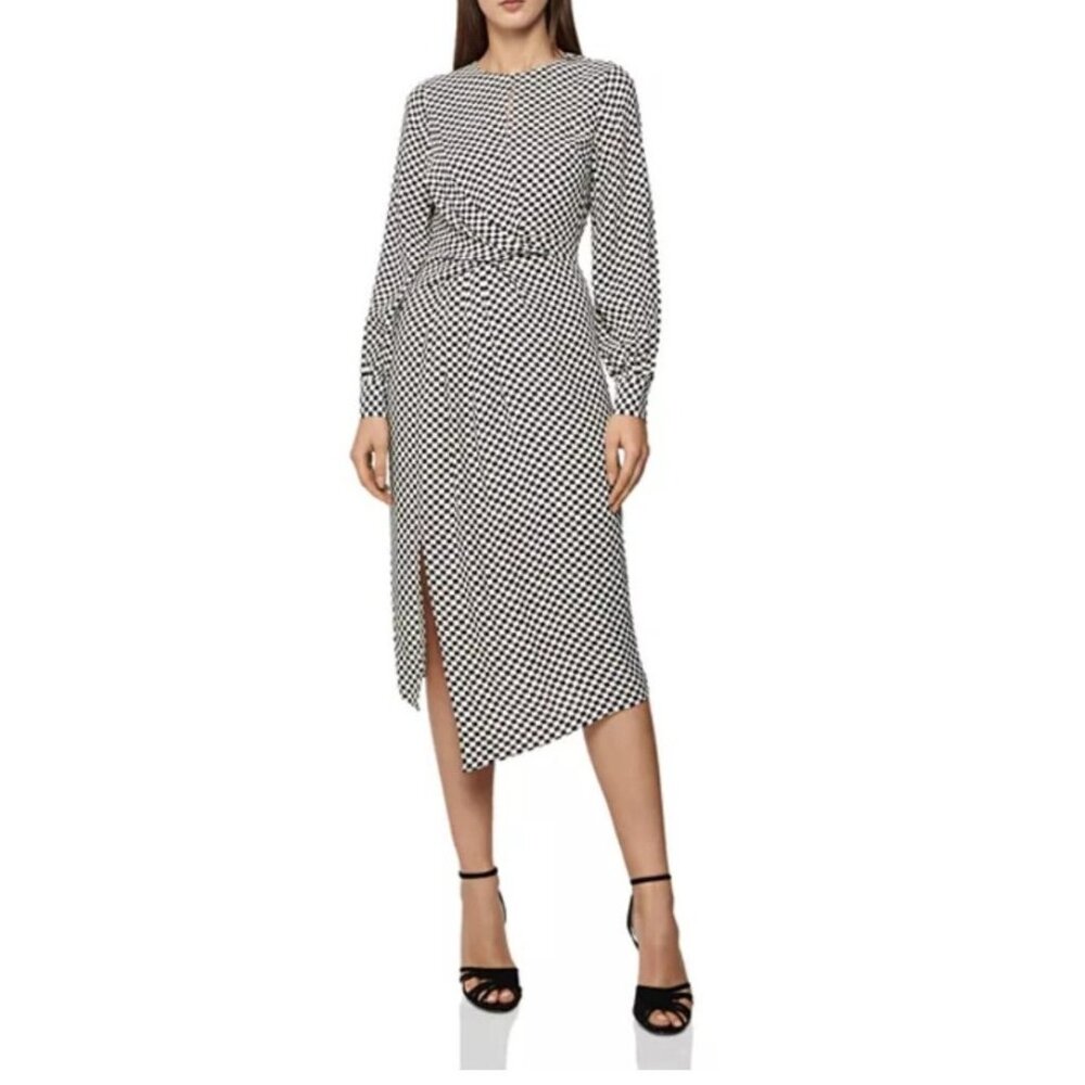 Reiss Women's Sz 10 Dahlia Check Long Sleeve Dress Asymmetrical Hem Black/White